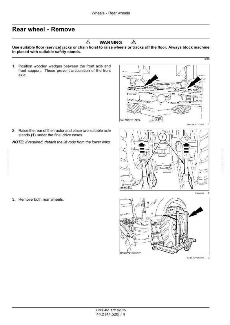 Peut inclure: Sch&eacute;ma expliquant comment retirer une roue arri&egrave;re de tracteur. L'image comprend des &eacute;tapes num&eacute;rot&eacute;es avec des fl&egrave;ches indiquant les zones cl&eacute;s et le texte "Rear wheel - Remove". Instructions fournies.