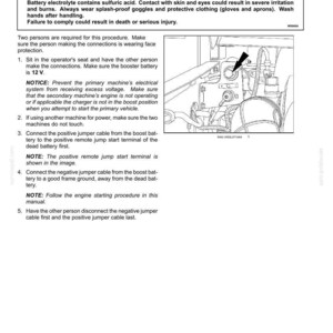 May include: A technical document page titled 4 - OPERATING INSTRUCTIONS, detailing a Booster battery procedure. It includes a warning about hazardous chemicals, a numbered list of five steps, and a black and white line drawing of a terminal.
