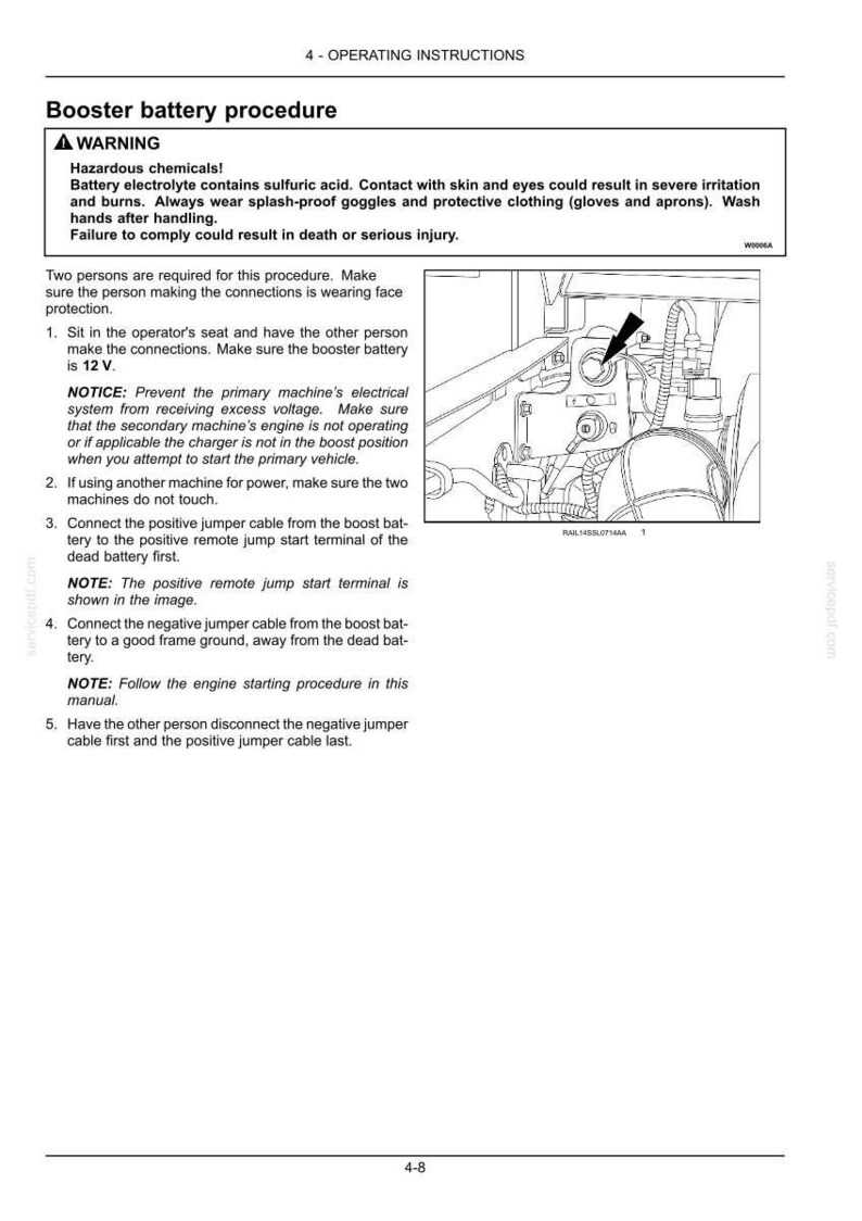 May include: A technical document page titled 4 - OPERATING INSTRUCTIONS, detailing a Booster battery procedure. It includes a warning about hazardous chemicals, a numbered list of five steps, and a black and white line drawing of a terminal.