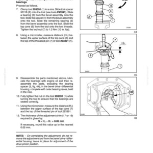 May include: A technical manual page titled SECTION 25 - FRONT AXLE (FWD) - CHAPTER 1, featuring black and white line drawings of mechanical assembly procedures, numbered components, and text instructions for adjusting bevel drive shaft bearings.