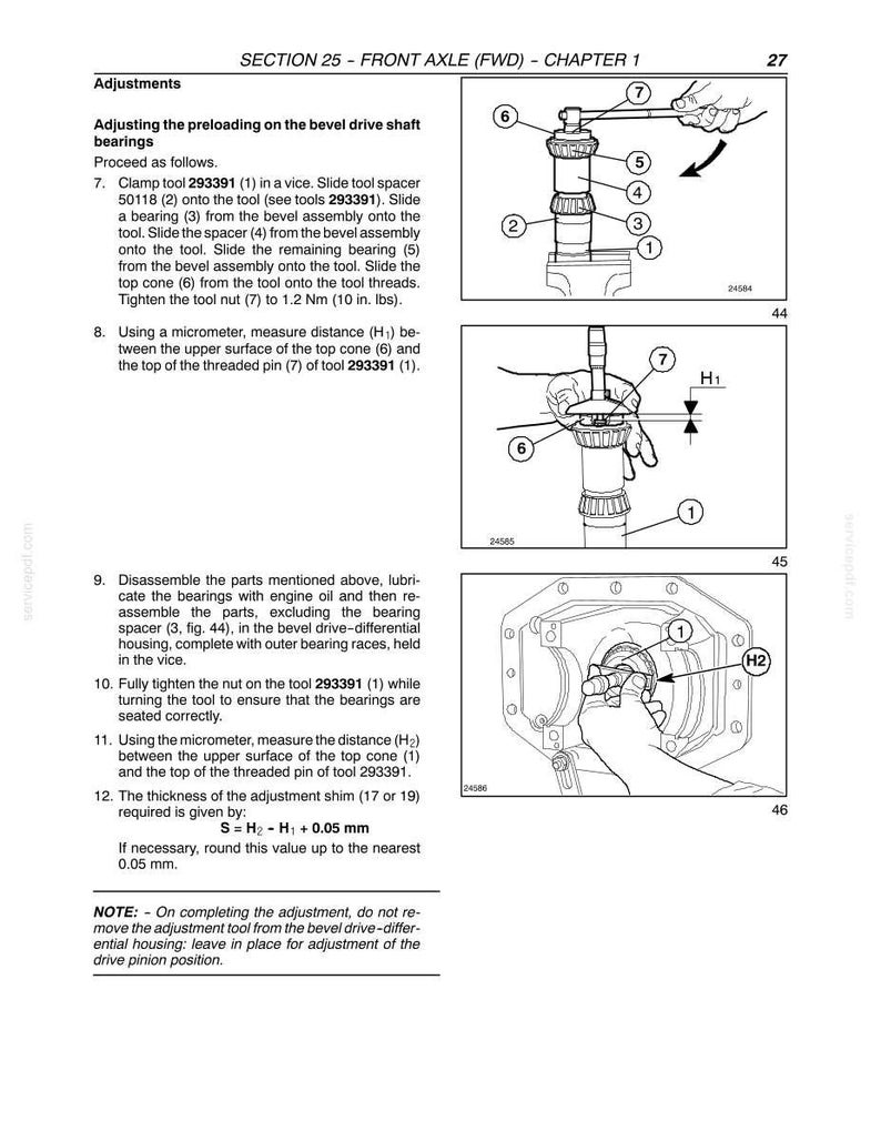 May include: A technical manual page titled SECTION 25 - FRONT AXLE (FWD) - CHAPTER 1, featuring black and white line drawings of mechanical assembly procedures, numbered components, and text instructions for adjusting bevel drive shaft bearings.