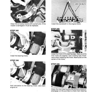 May include: A black and white diagram illustrating crankshaft installation steps. The steps include cleaning the oil spray nozzle, installing bearing liners, adding lubrication, installing the crankshaft, and checking oil clearance.