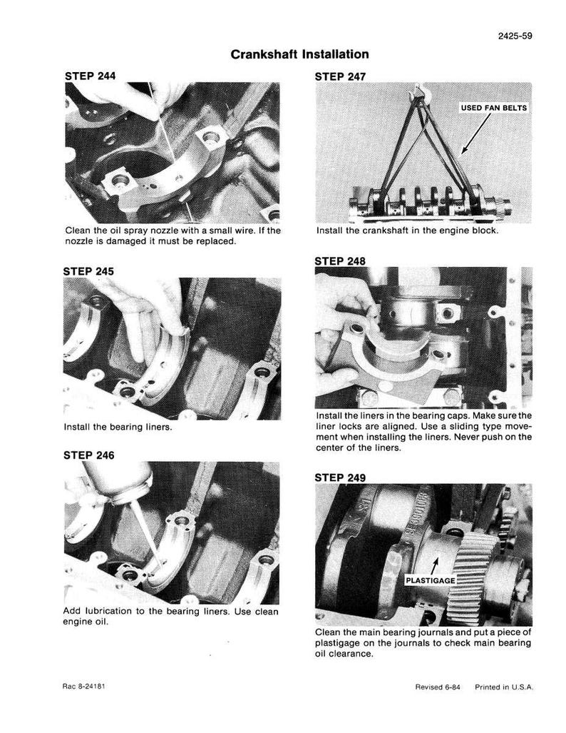 May include: A black and white diagram illustrating crankshaft installation steps. The steps include cleaning the oil spray nozzle, installing bearing liners, adding lubrication, installing the crankshaft, and checking oil clearance.