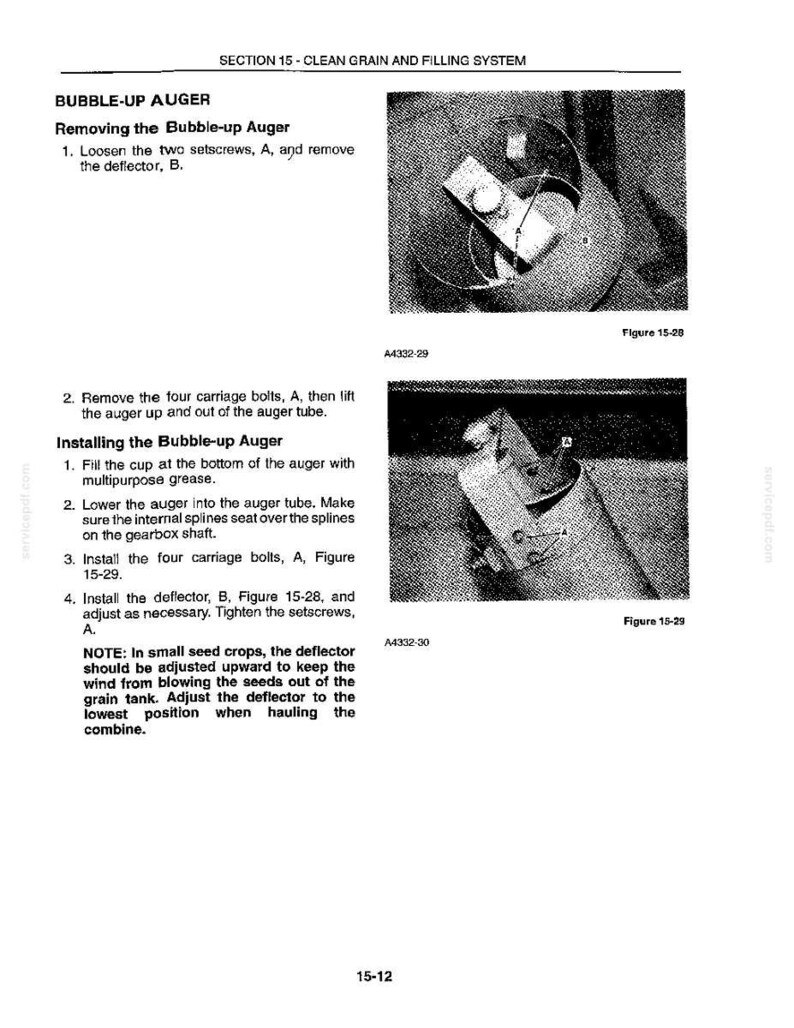 May include: A black and white technical diagram from a manual, detailing the Bubble-up Auger system. The text includes instructions for removing and installing the auger, with diagrams and part labels. The page is from Section 15 of the manual.