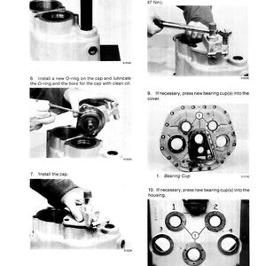 May include: A series of black and white images illustrating mechanical assembly steps. Text includes instructions for installing seals, O-rings, caps, and bearing cups. Measurements are provided in pound-inches and Newton meters.