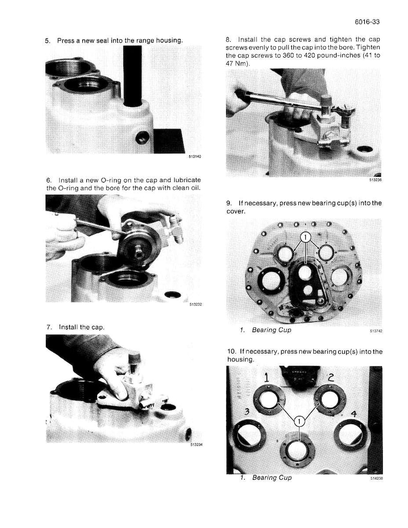 May include: A series of black and white images illustrating mechanical assembly steps. Text includes instructions for installing seals, O-rings, caps, and bearing cups. Measurements are provided in pound-inches and Newton meters.