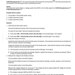 May include: A document detailing fault codes for electrical systems, specifically the "1038 - Hand throttle sensor off scale high" error. Includes context, possible causes, and a step-by-step solution for troubleshooting the issue.