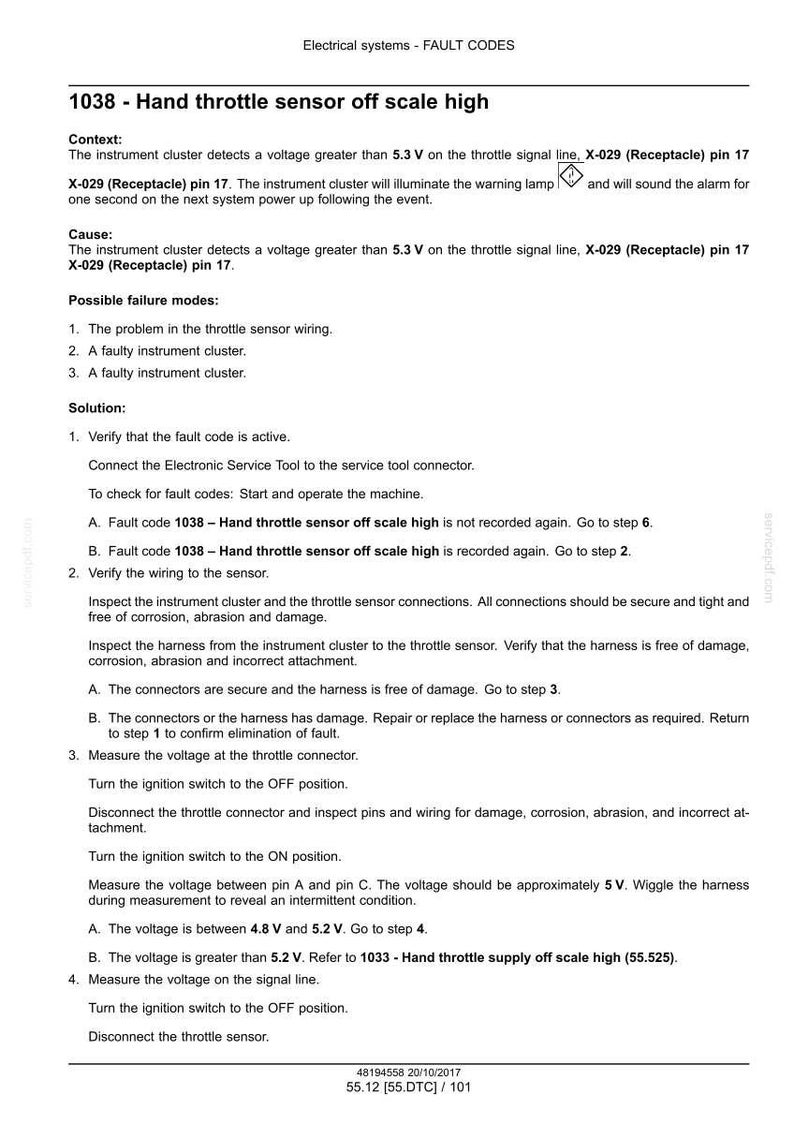 May include: A document detailing fault codes for electrical systems, specifically the "1038 - Hand throttle sensor off scale high" error. Includes context, possible causes, and a step-by-step solution for troubleshooting the issue.