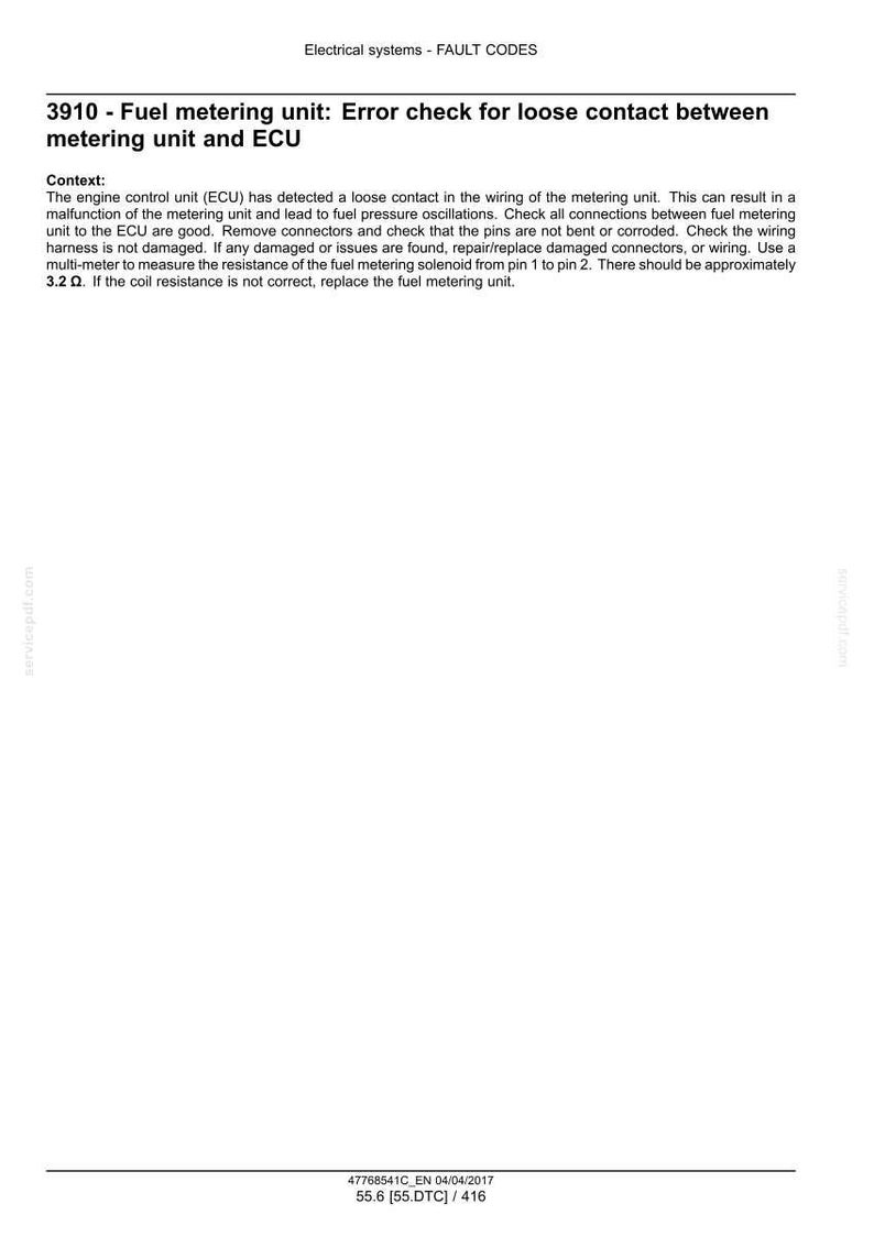 May include: Document detailing electrical system fault codes. The text describes error checks for a fuel metering unit, including loose contact issues. It provides instructions for troubleshooting and checking connections, with a focus on the ECU and wiring.