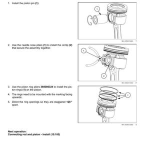 Puede incluir: Diagrama de componentes del motor, incluyendo un pist&oacute;n, biela y circlip, con etiquetas numeradas para las instrucciones de montaje. El texto dice "Ensamblaje de biela y pist&oacute;n".