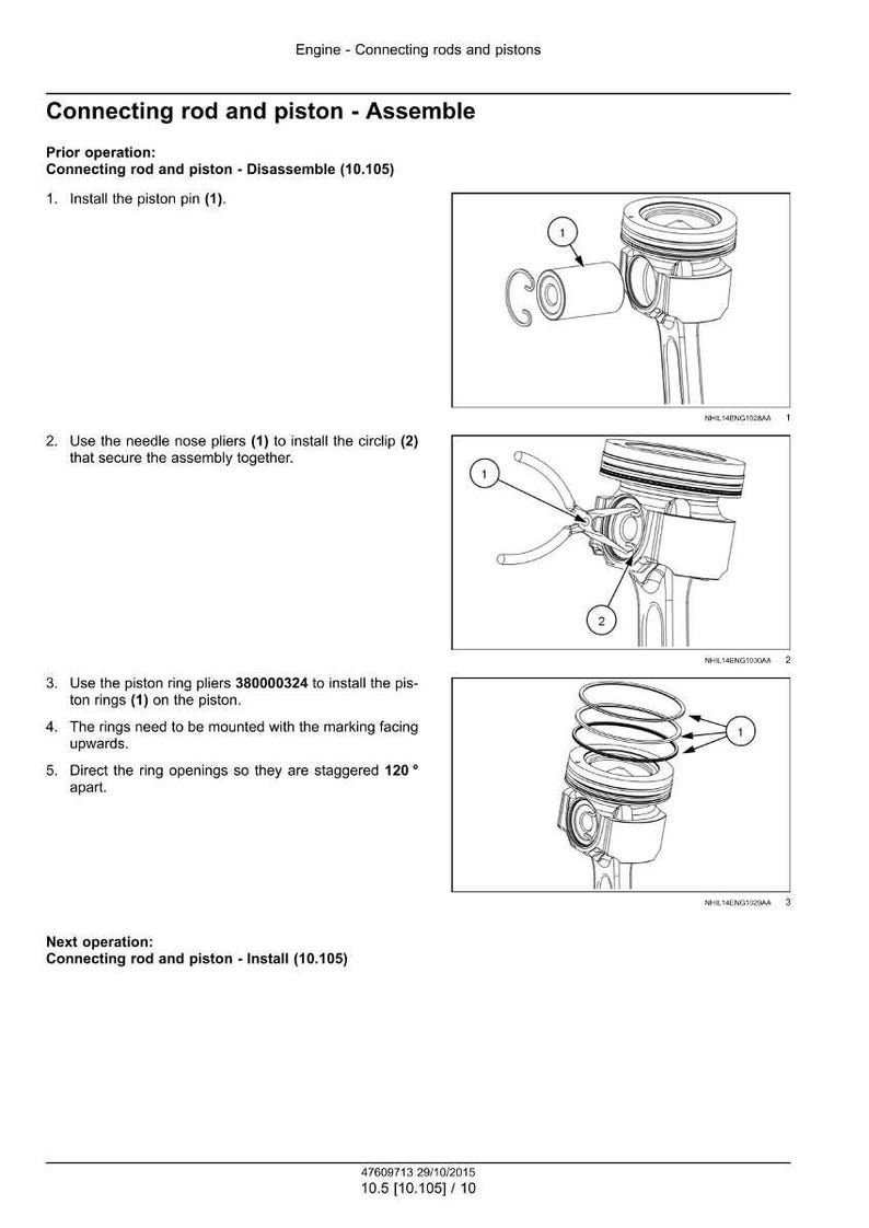 Puede incluir: Diagrama de componentes del motor, incluyendo un pist&oacute;n, biela y circlip, con etiquetas numeradas para las instrucciones de montaje. El texto dice "Ensamblaje de biela y pist&oacute;n".