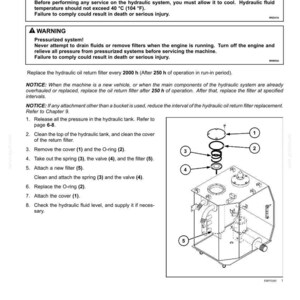May include: Diagram of a hydraulic oil return filter with numbered components, including a cover, O-ring, spring, valve, and filter. The image includes safety warnings about burn hazards and pressurized systems, along with maintenance instructions.