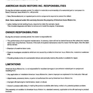 May include: A black and white document titled Section XI - SPECIFICATIONS (EPA ENGINE) outlining the limitations and responsibilities for American Isuzu Motors Inc. warranties, including owner duties, labor costs, and specific engine repair exclusions.