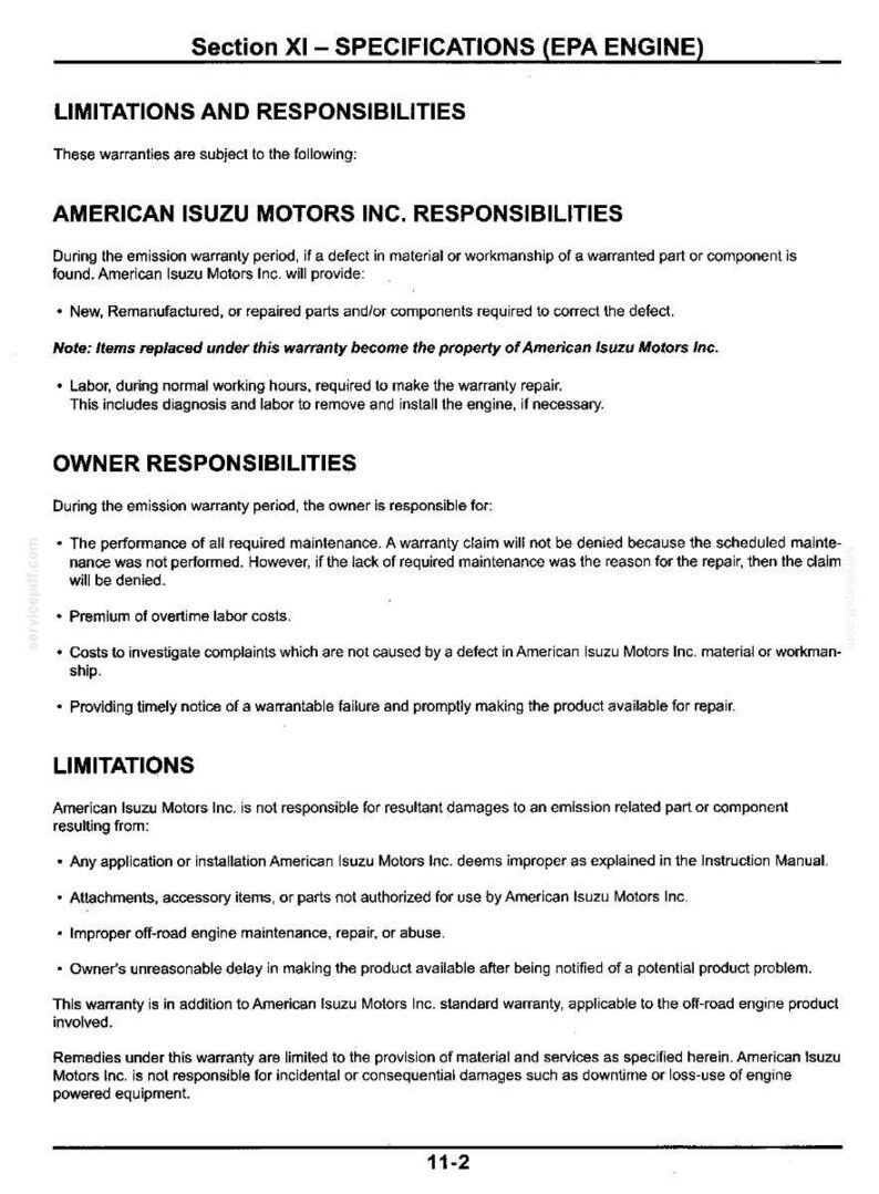 May include: A black and white document titled Section XI - SPECIFICATIONS (EPA ENGINE) outlining the limitations and responsibilities for American Isuzu Motors Inc. warranties, including owner duties, labor costs, and specific engine repair exclusions.