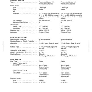 May include: A technical specification document titled Section 4 - Specifications, detailing cooling, electrical, and fuel systems for Model T2310 and T2320 hydrostatic equipment. It lists components like water pumps, thermostats, and diesel fuel requirements.