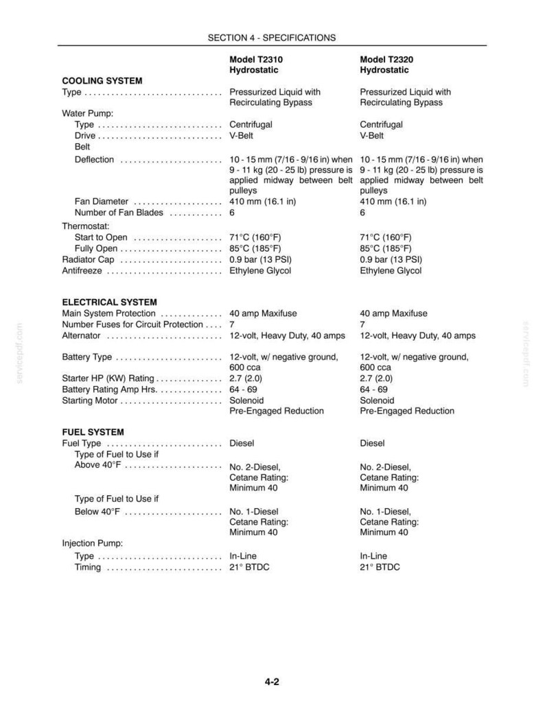 May include: A technical specification document titled Section 4 - Specifications, detailing cooling, electrical, and fuel systems for Model T2310 and T2320 hydrostatic equipment. It lists components like water pumps, thermostats, and diesel fuel requirements.