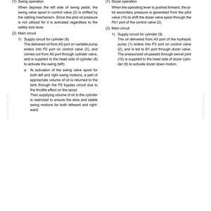Pu&ograve; includere: Schema di un sistema idraulico con testo che descrive i circuiti operativi di oscillazione e dozer. Include sezioni sul funzionamento dell'oscillazione, i circuiti principali e il funzionamento del dozer, con riferimenti a figure e componenti.