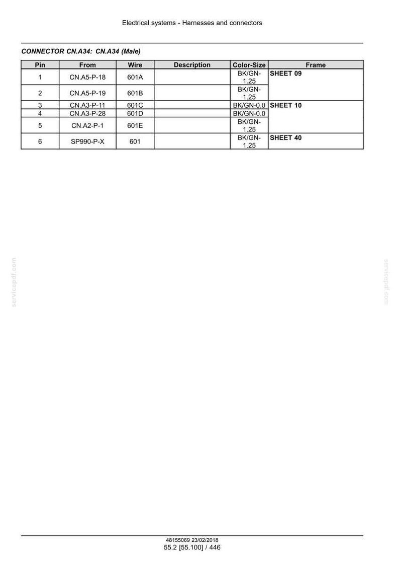 May include: A table of electrical connector specifications, labeled 'CONNECTOR CN.A34: CN.A34 (Male)'. The table includes columns for Pin, From, Wire, Description, Color-Size, and Frame. Text includes 'Electrical systems - Harnesses and connectors'.