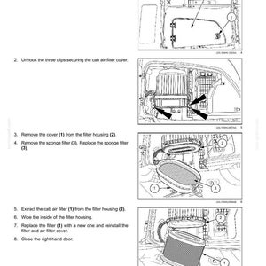 May include: A technical maintenance manual page titled 7 - MAINTENANCE Cab air filter, featuring black and white line drawings illustrating the step-by-step process of opening a door, unhooking clips, and replacing a cylindrical cab air filter.