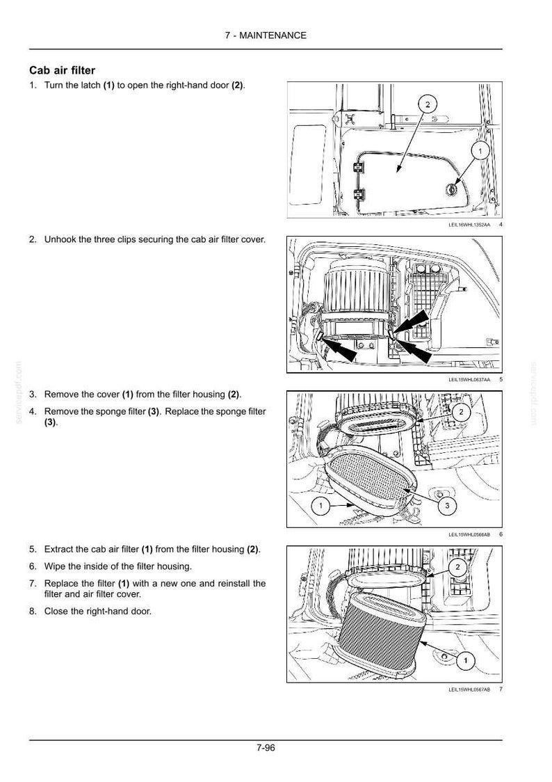May include: A technical maintenance manual page titled 7 - MAINTENANCE Cab air filter, featuring black and white line drawings illustrating the step-by-step process of opening a door, unhooking clips, and replacing a cylindrical cab air filter.