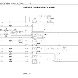 May include: A technical electrical schematic diagram titled SECTION 55 - ELECTRICAL SYSTEM - CHAPTER 6 71, ENGINE, SENSORS AND TRANSMITTERS CIRCUIT - DIAGRAM 13. The black and white line drawing displays various components, connectors, and wiring paths.