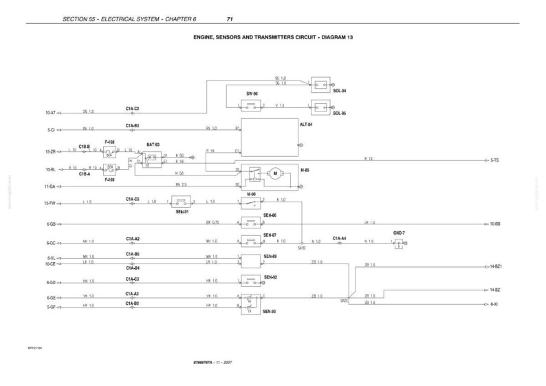 May include: A technical electrical schematic diagram titled SECTION 55 - ELECTRICAL SYSTEM - CHAPTER 6 71, ENGINE, SENSORS AND TRANSMITTERS CIRCUIT - DIAGRAM 13. The black and white line drawing displays various components, connectors, and wiring paths.