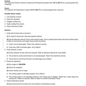 May include: Document detailing fault codes for electrical systems, specifically the 1009-Hydraulic Oil Temperature Sender. The text explains the context, cause, possible failure modes, and solutions for the issue. Includes measurements in Fahrenheit.