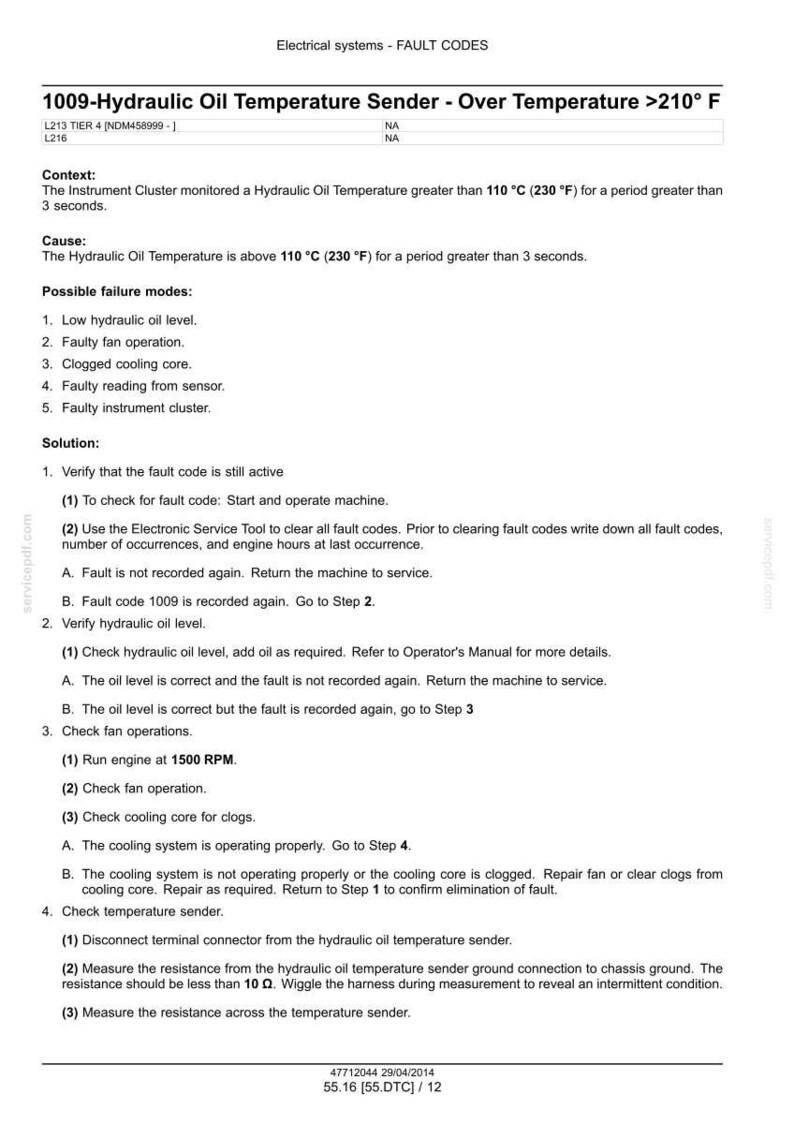 May include: Document detailing fault codes for electrical systems, specifically the 1009-Hydraulic Oil Temperature Sender. The text explains the context, cause, possible failure modes, and solutions for the issue. Includes measurements in Fahrenheit.