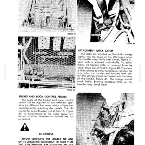 May include: A technical manual page featuring black and white diagrams and text regarding loader equipment. It includes illustrations labeled Figure 38, 39, 40, and 41, detailing control cables, pedals, valve spools, clevis pins, and attachment quick latches.