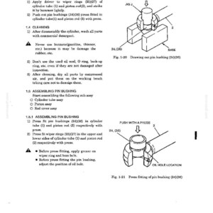 May include: A technical manual page detailing the removal and assembly of pin bushings. It features two diagrams, Fig. 1-20 and Fig. 1-21, illustrating the use of a press to push bushings into a cylinder tube and piston rod, with instructional text.