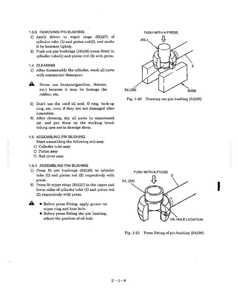 May include: A technical manual page detailing the removal and assembly of pin bushings. It features two diagrams, Fig. 1-20 and Fig. 1-21, illustrating the use of a press to push bushings into a cylinder tube and piston rod, with instructional text.