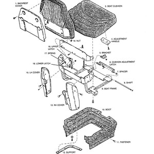 May include: An exploded diagram of a seat assembly, labeled with numbered parts. The diagram includes the seat backrest, seat cushion, adjustment handle, and various brackets and covers. The image is in black and white.