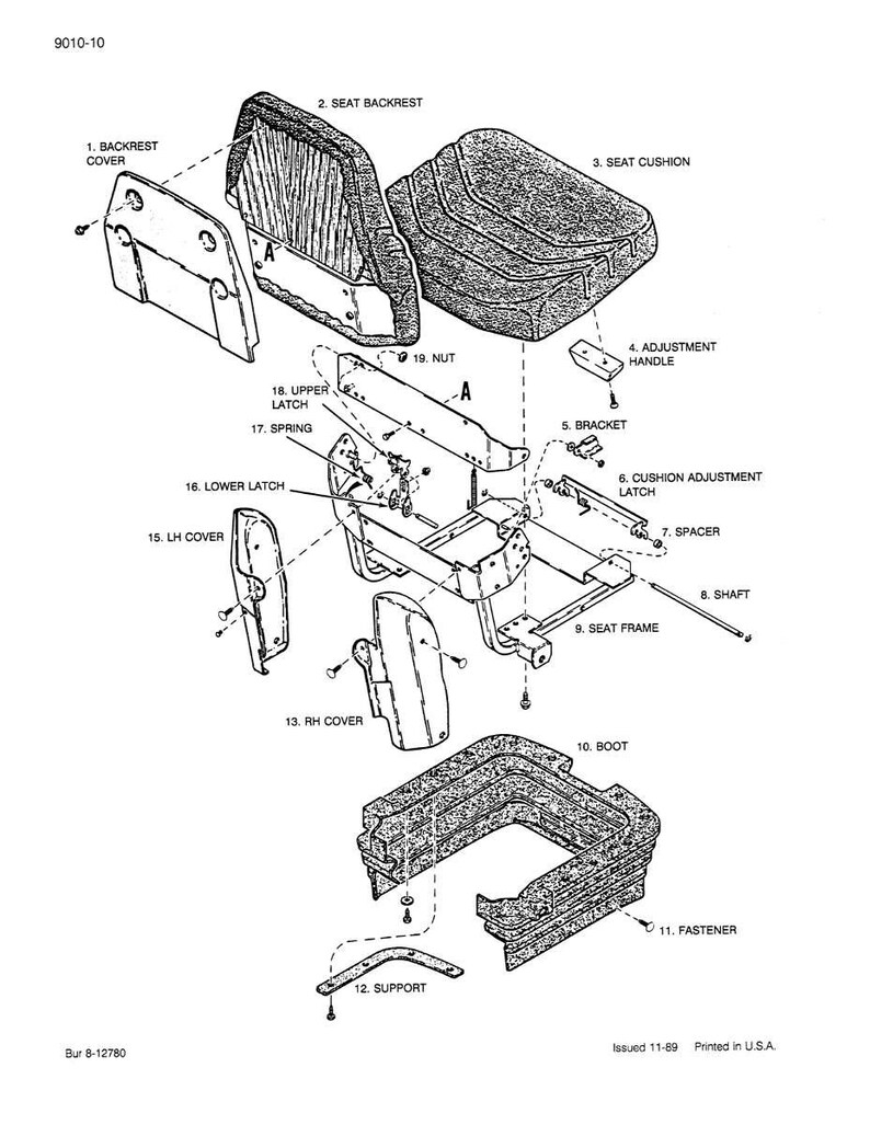 May include: An exploded diagram of a seat assembly, labeled with numbered parts. The diagram includes the seat backrest, seat cushion, adjustment handle, and various brackets and covers. The image is in black and white.