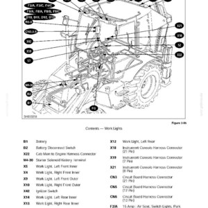 May include: A technical line drawing of a construction vehicle cabin labeled Section 3 - Electrical, Figure 3-85. The diagram displays various electrical components, connectors, and switches with alphanumeric codes and a corresponding list of parts.