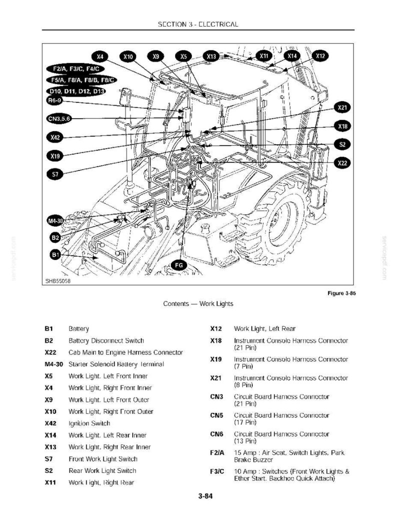 May include: A technical line drawing of a construction vehicle cabin labeled Section 3 - Electrical, Figure 3-85. The diagram displays various electrical components, connectors, and switches with alphanumeric codes and a corresponding list of parts.