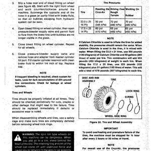 May include: A page from a mechanical system manual with text and diagrams. The text includes instructions for tire maintenance and warnings about split rim wheels. Diagrams show tire and wheel assembly components.