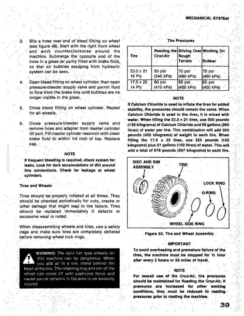 May include: A page from a mechanical system manual with text and diagrams. The text includes instructions for tire maintenance and warnings about split rim wheels. Diagrams show tire and wheel assembly components.
