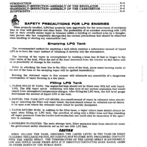 May include: A black and white document with the title "TABLE OF CONTENTS" and safety instructions for LPG engines. The document includes sections on emptying and filling LPG tanks, with safety precautions and warnings.