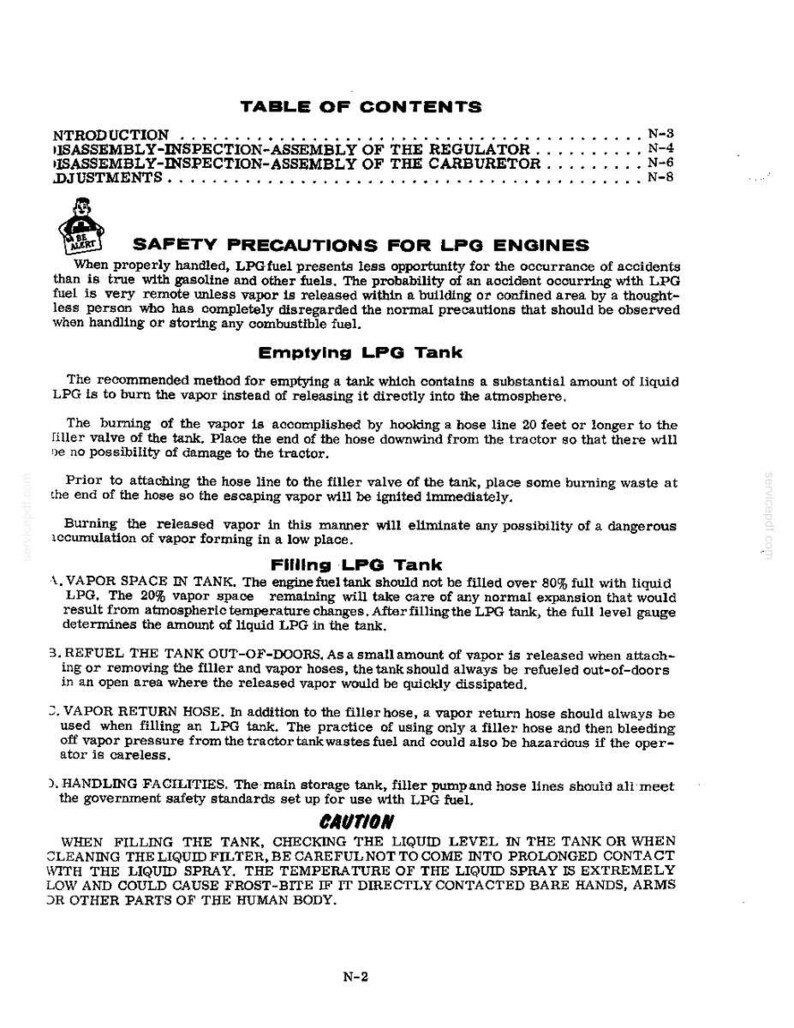 May include: A black and white document with the title "TABLE OF CONTENTS" and safety instructions for LPG engines. The document includes sections on emptying and filling LPG tanks, with safety precautions and warnings.