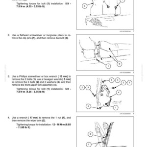 May include: Diagram illustrating the removal of a windshield wiper motor. The steps include removing bolts, clip pins, and the wiper arm. Tools mentioned are a Phillips screwdriver, box wrench, flathead screwdriver, and a wrench. Measurements are in inches and foot-pounds.