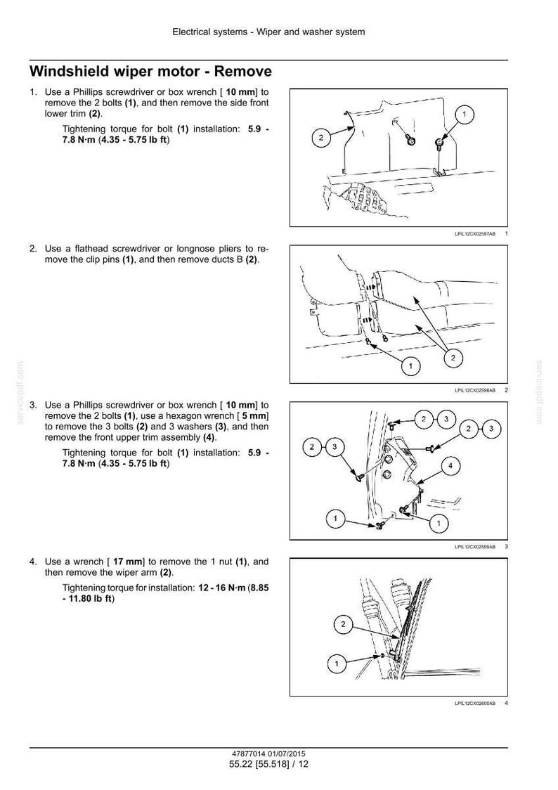 May include: Diagram illustrating the removal of a windshield wiper motor. The steps include removing bolts, clip pins, and the wiper arm. Tools mentioned are a Phillips screwdriver, box wrench, flathead screwdriver, and a wrench. Measurements are in inches and foot-pounds.