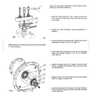 May include: Technical diagram of a final drive assembly, including roller bearings, half shafts, and retaining rings. The diagram includes measurements in degrees Fahrenheit and is labeled with part numbers and assembly instructions.