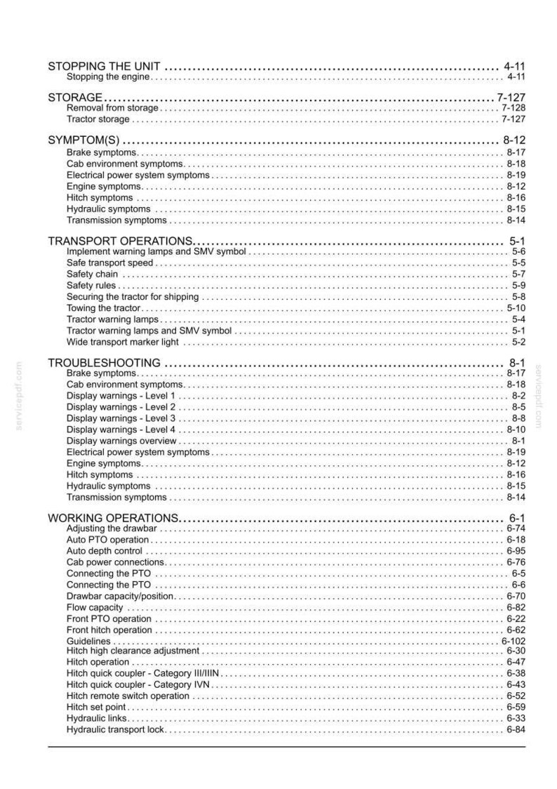 Op de afbeelding: Een pagina uit een handleiding met een gedetailleerde inhoudsopgave. Secties omvatten "De eenheid stoppen", "Opslag" en "Probleemoplossing". De tekst is zwart op een witte achtergrond.
