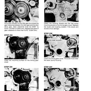 May include: Black and white engine repair manual page with multiple images. Step-by-step instructions include gear clearance checks, fuel pump stud replacement, and timing gear cover installation. Text includes measurements in inches and millimeters.