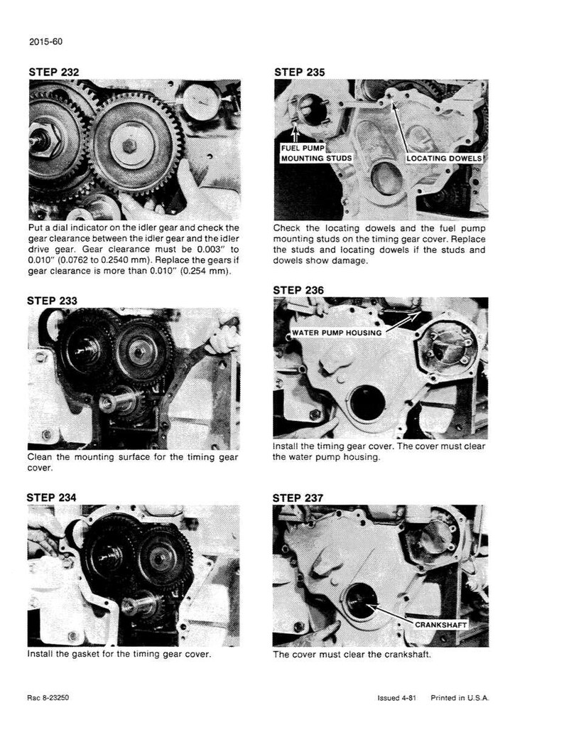 May include: Black and white engine repair manual page with multiple images. Step-by-step instructions include gear clearance checks, fuel pump stud replacement, and timing gear cover installation. Text includes measurements in inches and millimeters.