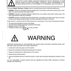 May include: A safety manual page with a warning symbol and the word "WARNING" in bold. The text explains safety alerts, including "Danger," "Warning," and "Caution," and their associated colors. It also details operator safety instructions.