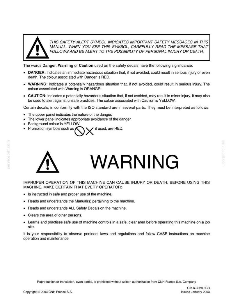 May include: A safety manual page with a warning symbol and the word "WARNING" in bold. The text explains safety alerts, including "Danger," "Warning," and "Caution," and their associated colors. It also details operator safety instructions.