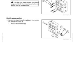 May include: Diagram of hydraulic system components, including plugs, O-rings, springs, and check plungers. The text reads "Check plunger section with throttle" and "Shuttle valve section". The image includes numbered parts for reference.