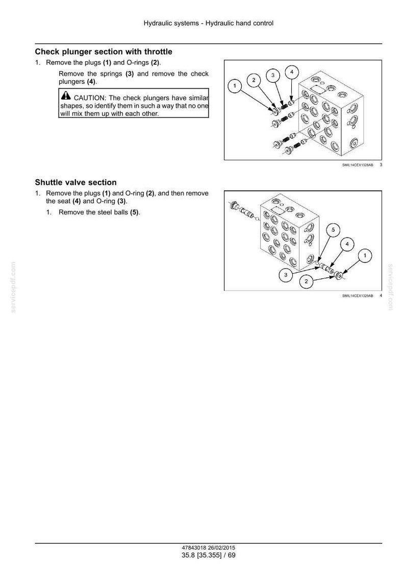 May include: Diagram of hydraulic system components, including plugs, O-rings, springs, and check plungers. The text reads "Check plunger section with throttle" and "Shuttle valve section". The image includes numbered parts for reference.