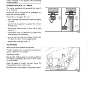 Pu&ograve; includere: Diagramma che illustra le procedure di cambio dell'olio motore. Include diagrammi numerati del manicotto di scarico dell'olio, del tubo flessibile e del tappo cieco. Il testo avverte delle ustioni causate dall'olio caldo.